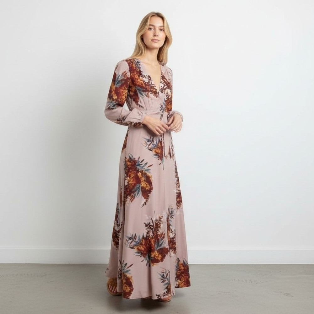 The Odells Mauve Pink Floral Wrap Maxi Dress Long Sleeve Sz S EUC